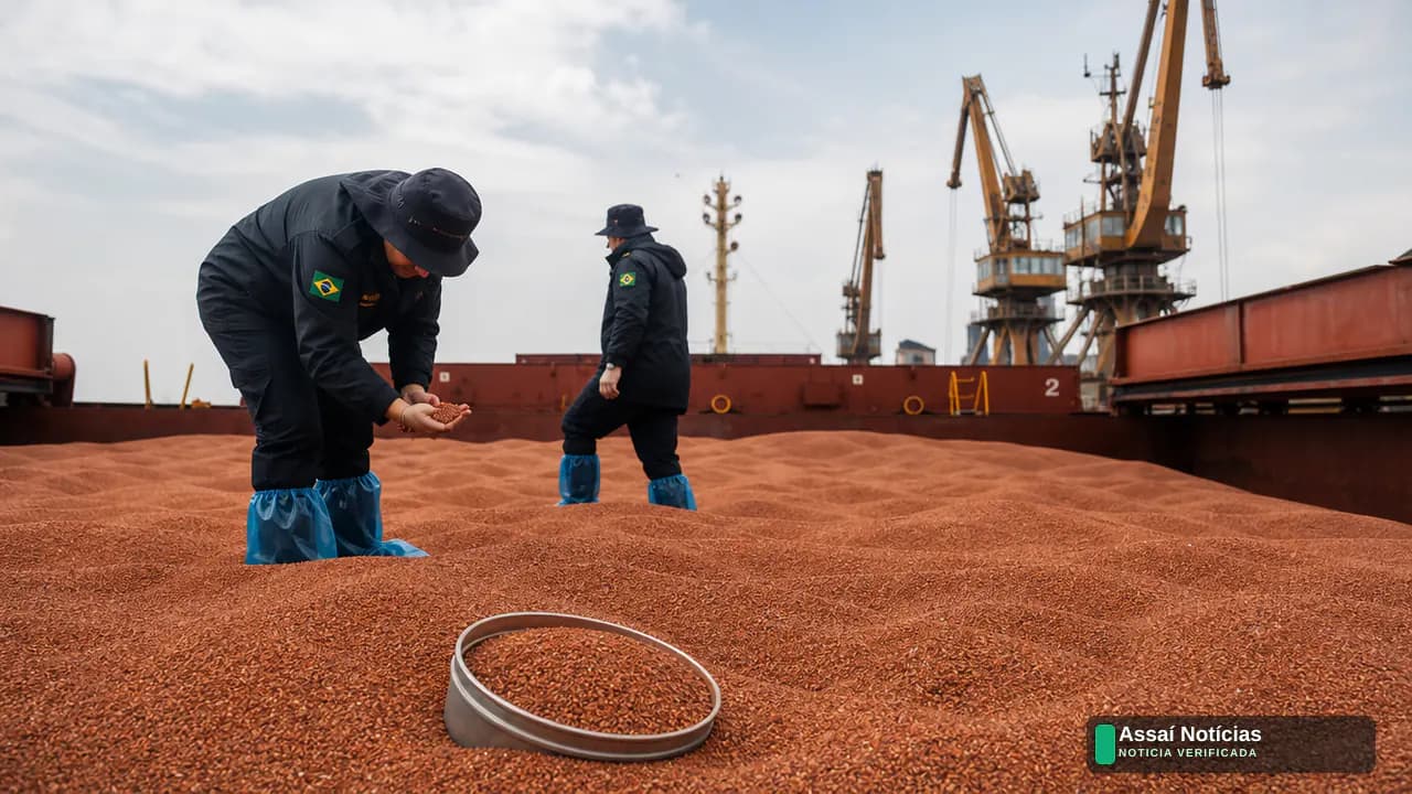 Navio graneleiro sendo carregado com sorgo brasileiro em porto destinado à exportação para a China