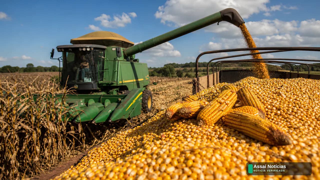 Colheitadeiras trabalhando em lavoura de milho no Mato Grosso durante a safra de 2026