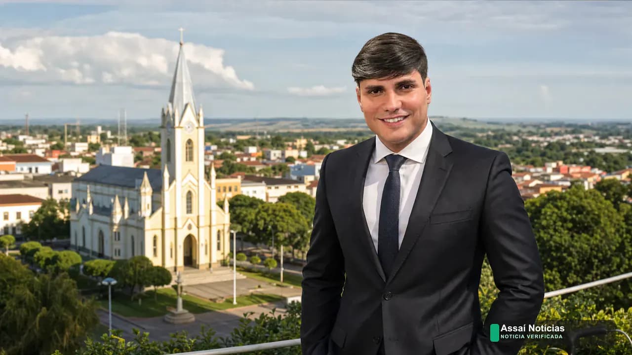 Deputado Samuel Dantas em pose institucional com a Igreja Matriz de Assaí ao fundo