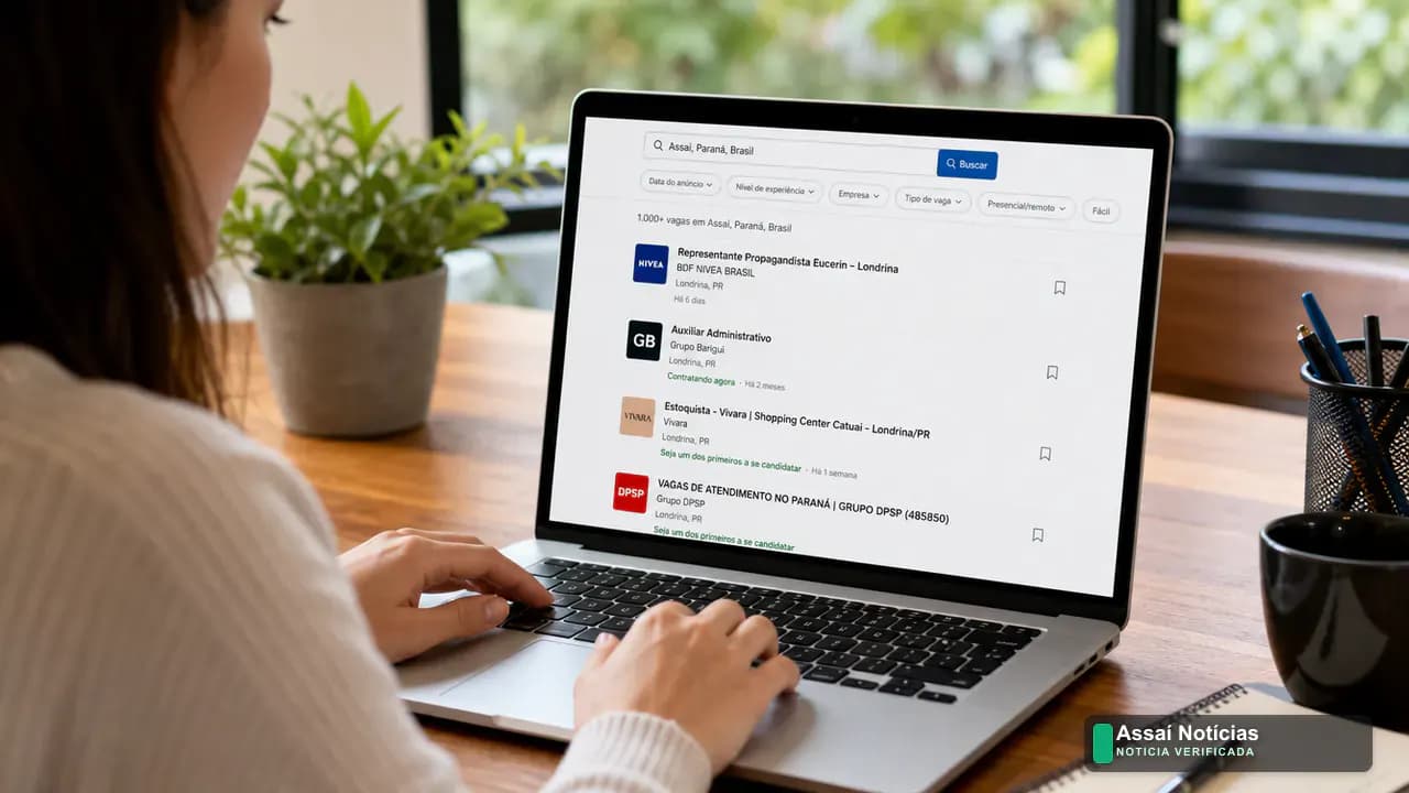 Página de busca do LinkedIn com mais de 1.000 vagas associadas ao termo “Assaí, Paraná, Brasil”