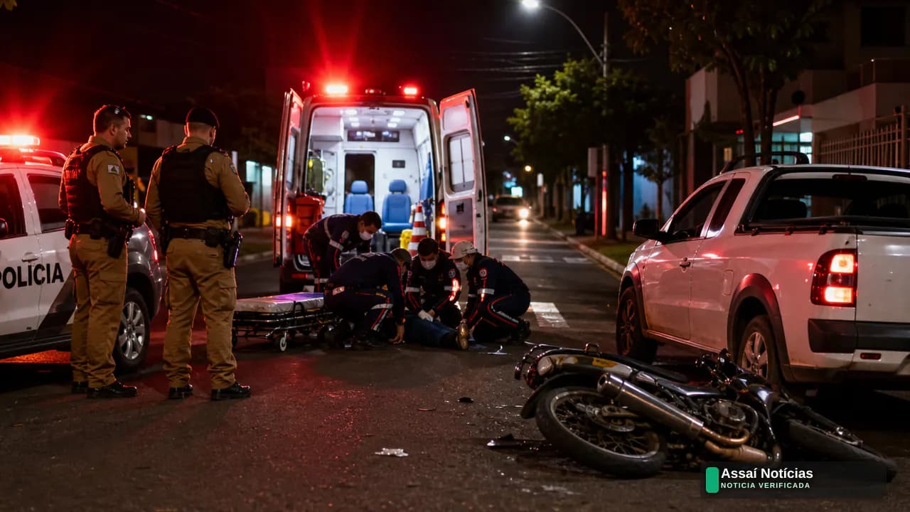 Socorristas atendendo vítima de colisão entre moto e caminhonete em cruzamento urbano à noite