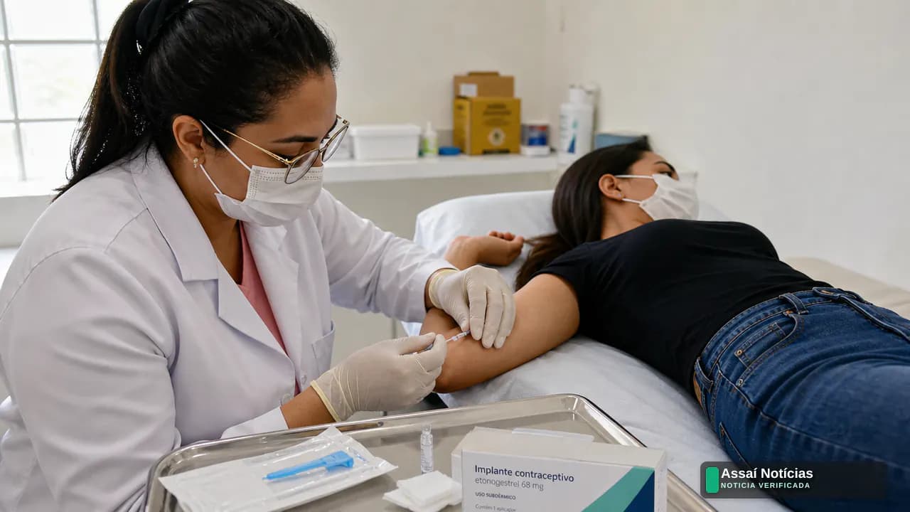 Profissional de saúde realiza treinamento para inserção de implante contraceptivo no braço de paciente, ação promovida